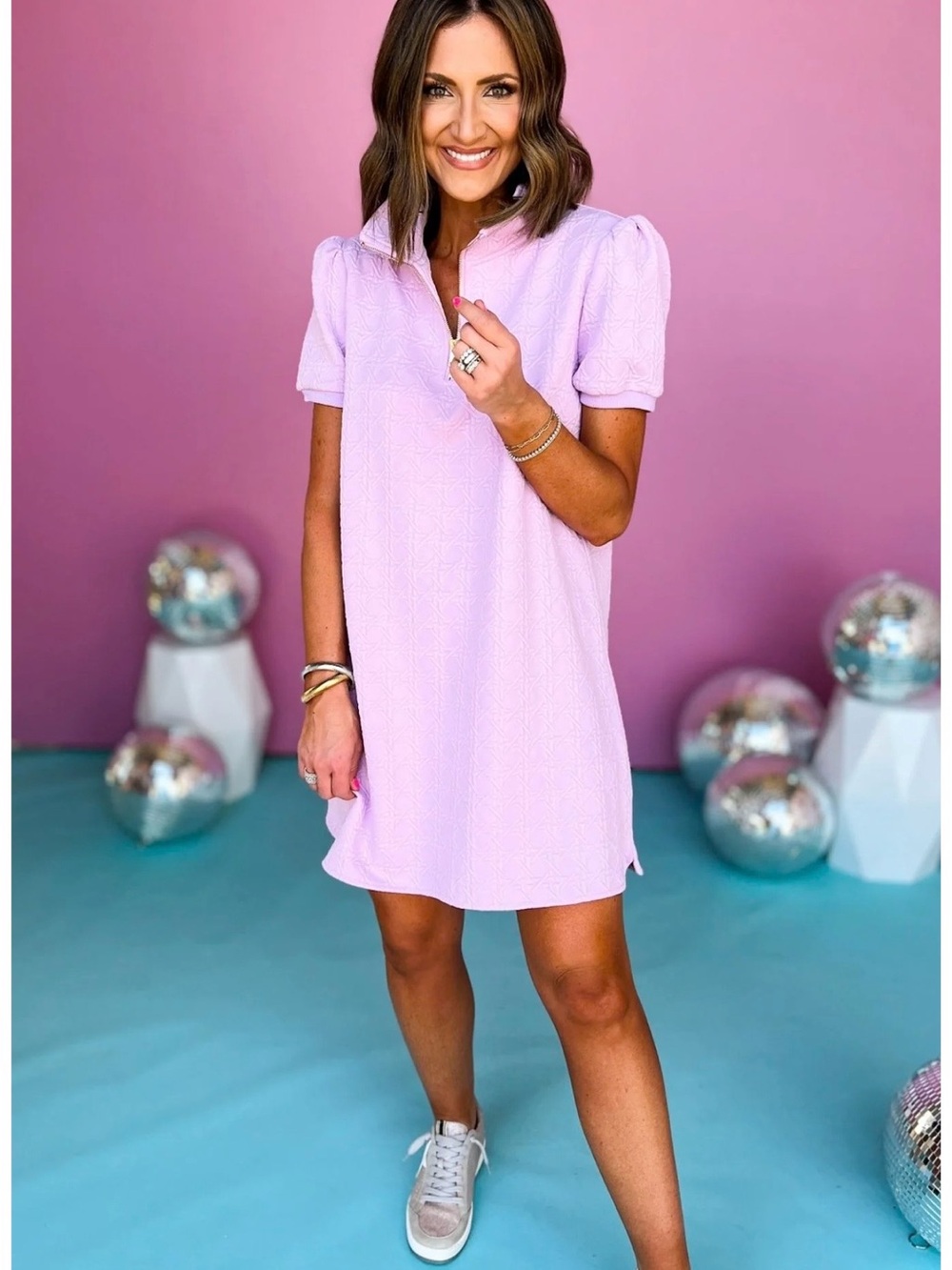Lavender Puff Sleeve Mini Dress - Women's Casual Shift